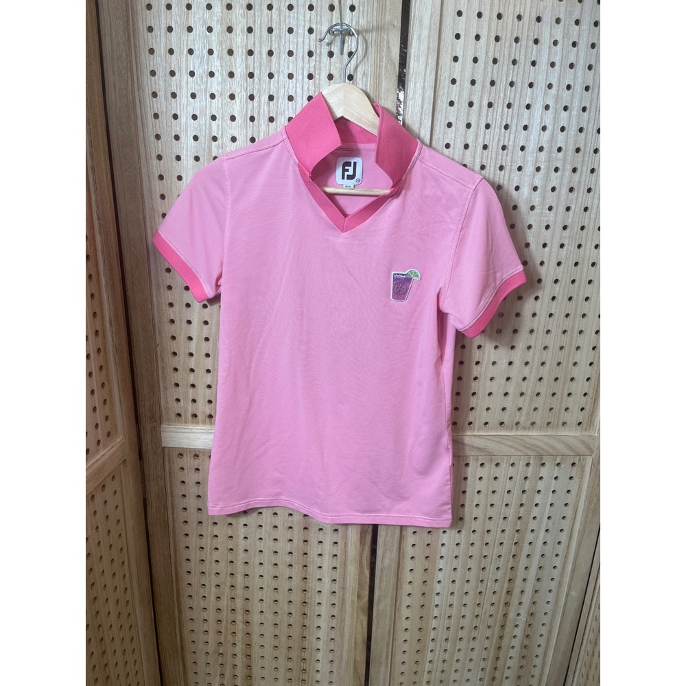 FootJoy Womens Pink Stripe Golf Polo Shirt Cocktail Graphic V-Neck XS